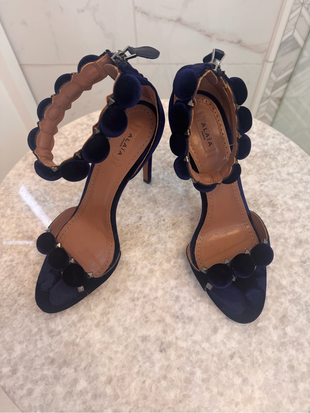 Alaia Navy Satin Pom-Pom Ankle-Strap Heels - Picture 6 of 16